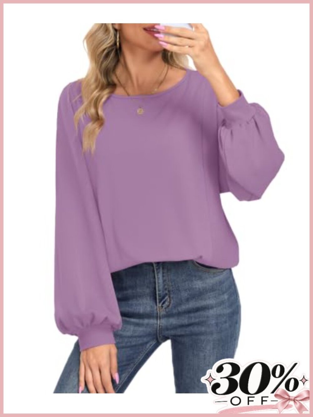 Waffle Knit Long Sleeve Crew Neck Casual Fall Shirt Loose Lantern Sleeve